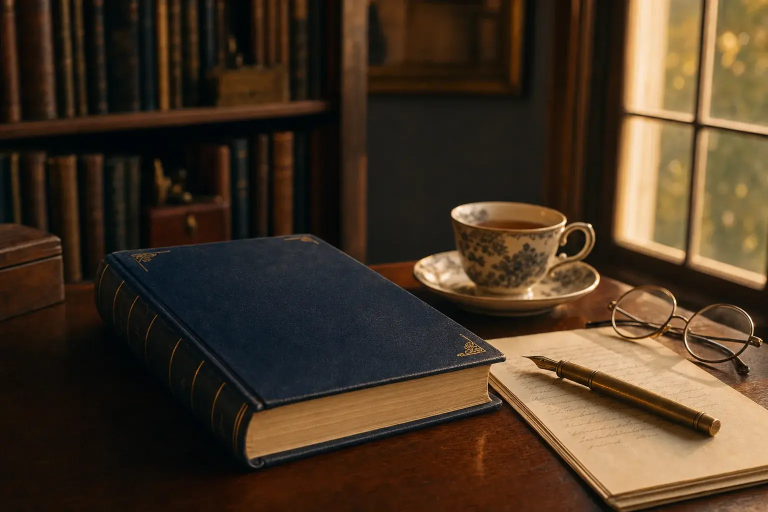 Un livre relié bleu profond, plume et lunettes sur un bureau